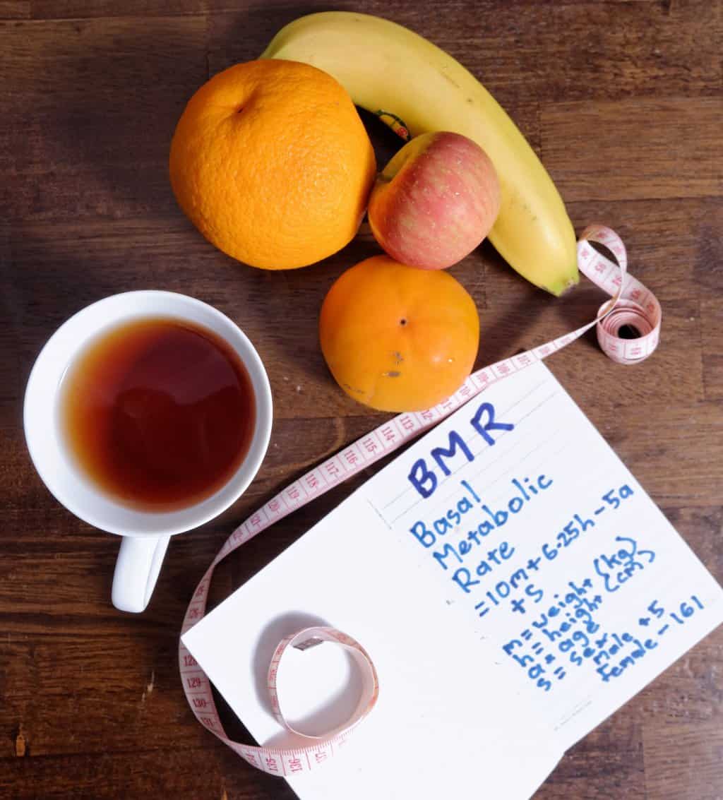 a notepad with basal metabolic rate fruits coffee and a measuring tape